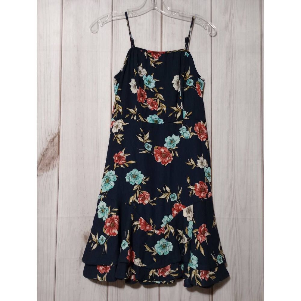 Xhiliration Dress Ladies Small Navy Aquamarine Floral Sleeveless Mini Babydoll